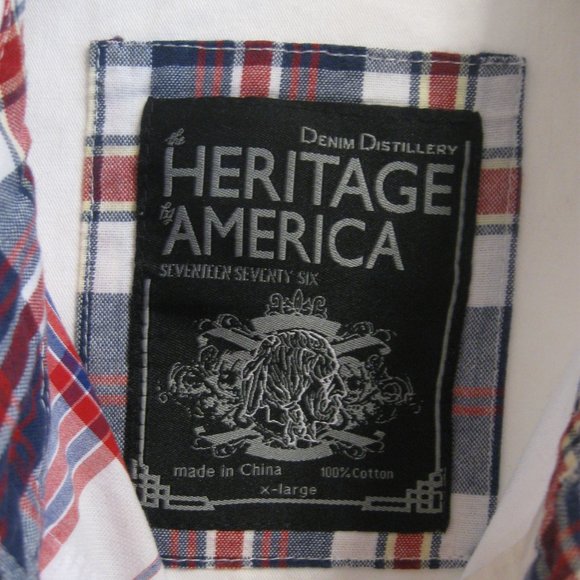 Denim Distillery Mens Short Sleeve Patchwork Plaid Shirt sz L Red White Blue - Picture 9 of 11